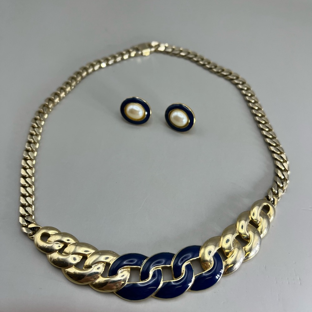 Gold and Blue Chain Necklace with Earrings